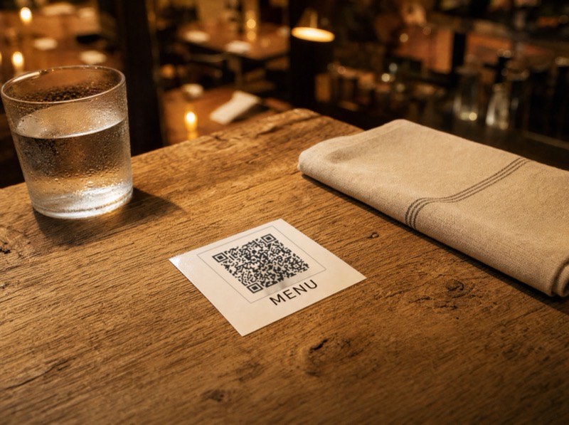 Adesivo quadrato col QR del menù incollato sul piano di un tavolo